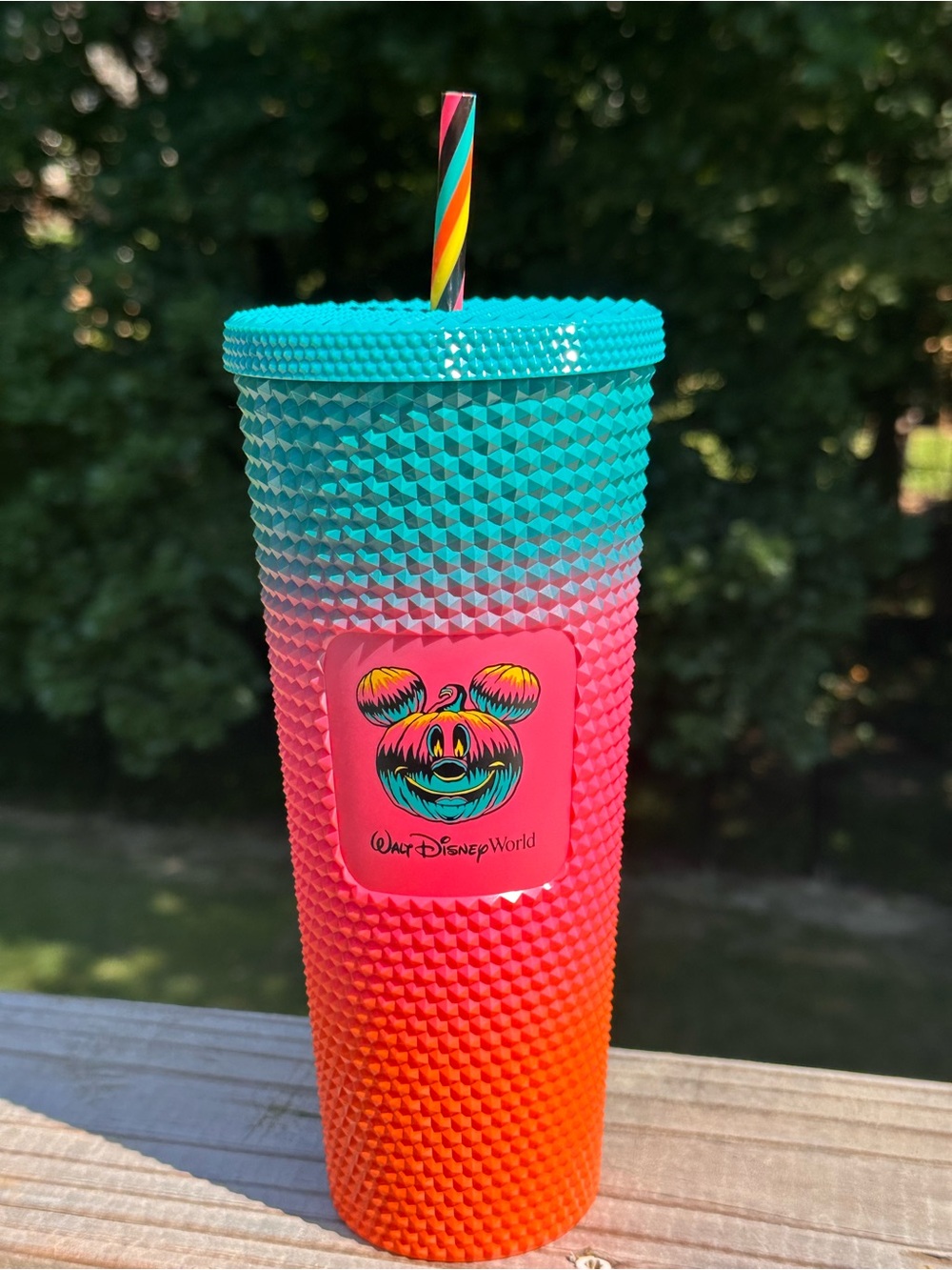 Starbucks x Disney Turquoise Pink Orange Ombre Studded Tumbler Rainbow Straw